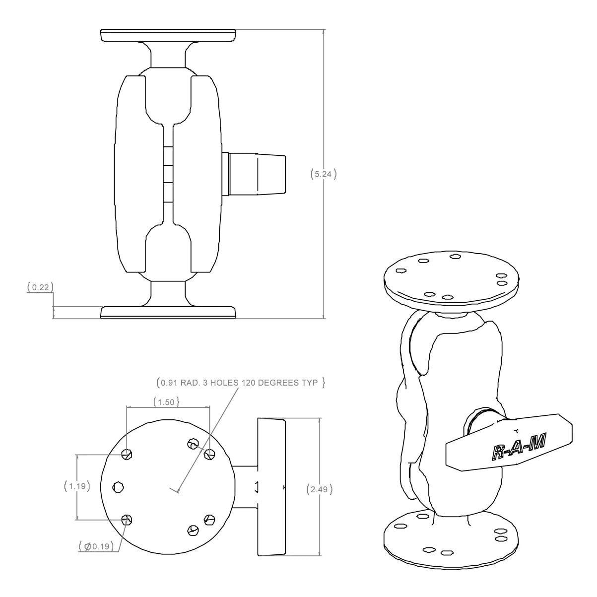 RAM® C SIZE SHORT UNIVERSAL DOUBLE BALL MOUNT WITH TWO ROUND PLATES
