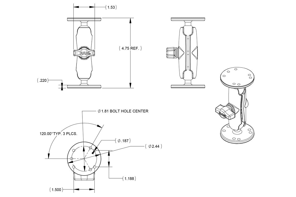 RAM 1" Diameter Ball Mount with Medium Double Socket Arm & 2/2.5" Round Bases
