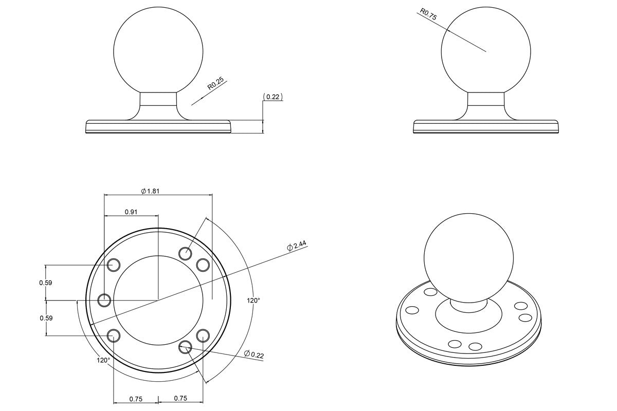 RAM 2.5" Round Base with the AMPs Hole Pattern & 1.5" Ball