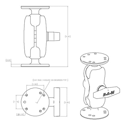 RAM® C SIZE SHORT UNIVERSAL DOUBLE BALL MOUNT WITH TWO ROUND PLATES