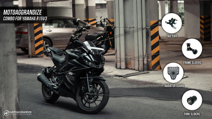 Motoaggrandize Yamaha R15v3 Combo | Frame Sliders, Radiator Guard, Fork Sliders, Tail Tidy