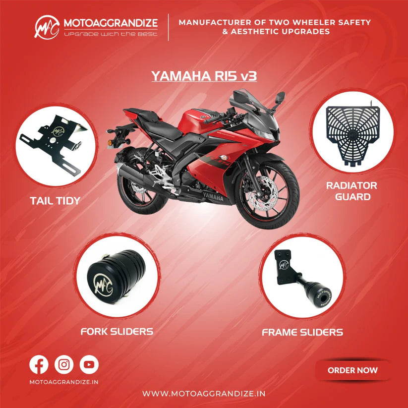Motoaggrandize Yamaha R15v3 Combo | Frame Sliders, Radiator Guard, Fork Sliders, Tail Tidy