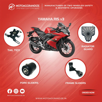 Motoaggrandize Yamaha R15v3 Combo | Frame Sliders, Radiator Guard, Fork Sliders, Tail Tidy