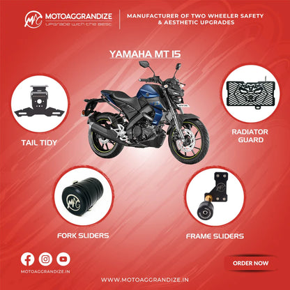 Motoaggrandize Yamaha MT15 Combo | Frame Sliders, Radiator Guard, Fork Sliders, Tail Tidy
