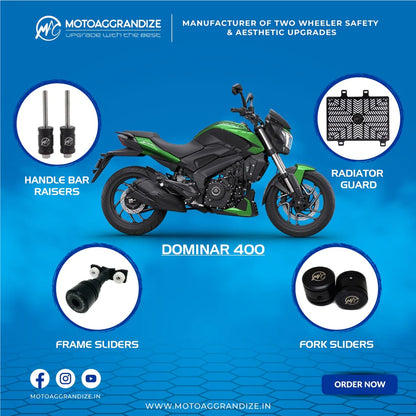 Motoaggrandize Bajaj Dominar 400/ 250 Combo | Frame Sliders, Radiator Guard, Fork Sliders, Handlebar Raisers - 2 Inch