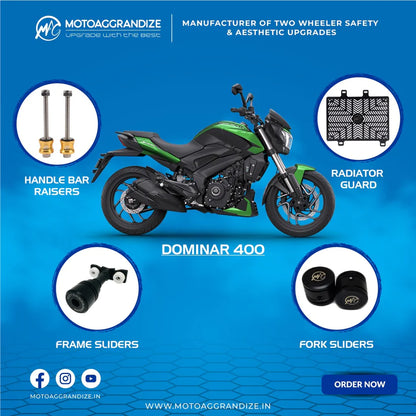 Motoaggrandize Bajaj Dominar 400/ 250 Combo | Frame Sliders, Radiator Guard, Fork Sliders, Handlebar Raisers - 1 Inch