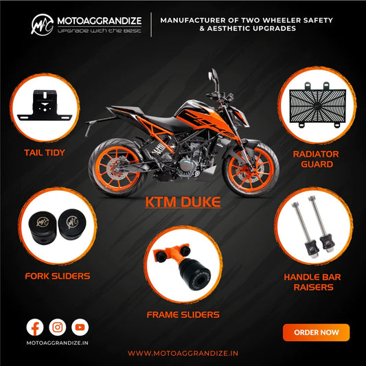 Motoaggrandize KTM Duke 125/ 200/ 250/ 390 Combo | Frame Sliders, Compact Tail Tidy, Radiator Guard, Fork Sliders, Handlebar Raisers 1-inch