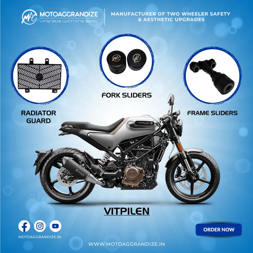 Motoaggrandize Husqvarna Vitpilen Combo | Frame Sliders, Radiator Guard, Fork Sliders