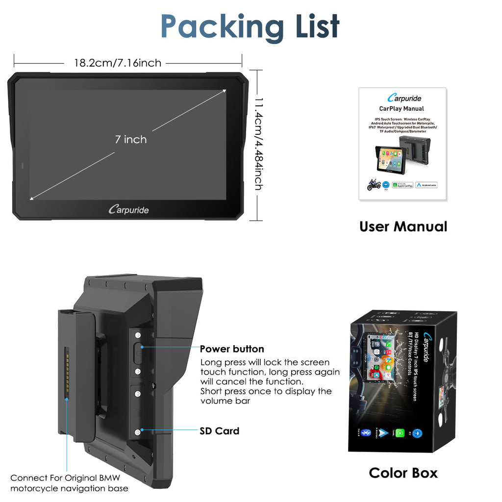 Carpuride W702BS - 7" BMW Motorcycle CarPlay with OEM Controller Integration