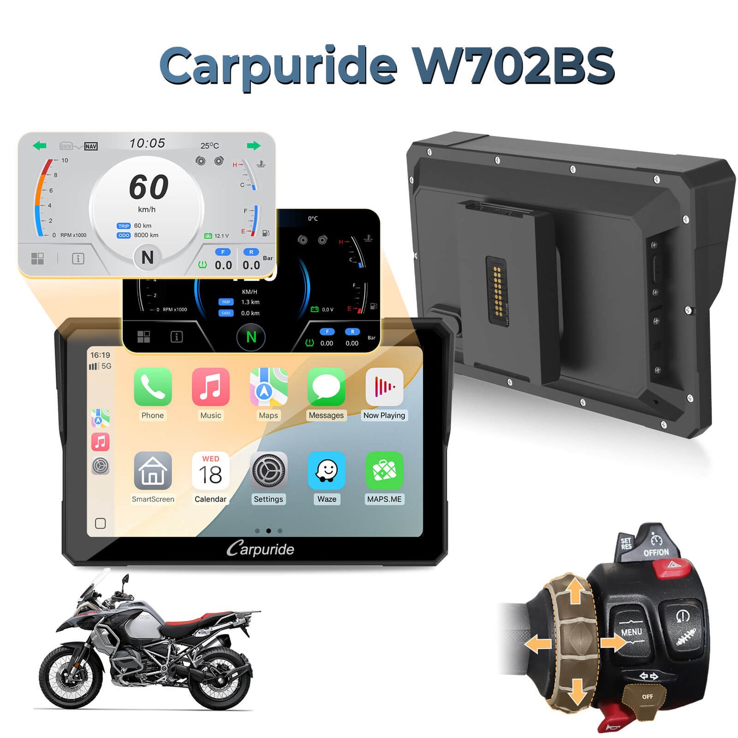 Carpuride W702BS - 7" BMW Motorcycle CarPlay with OEM Controller Integration