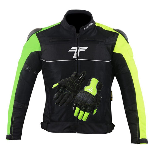 Tarmac One III Black/Green/Fluorescent Jacket Level 2 + PU chest protectors FREE Tarmac Tex Green gloves in same size